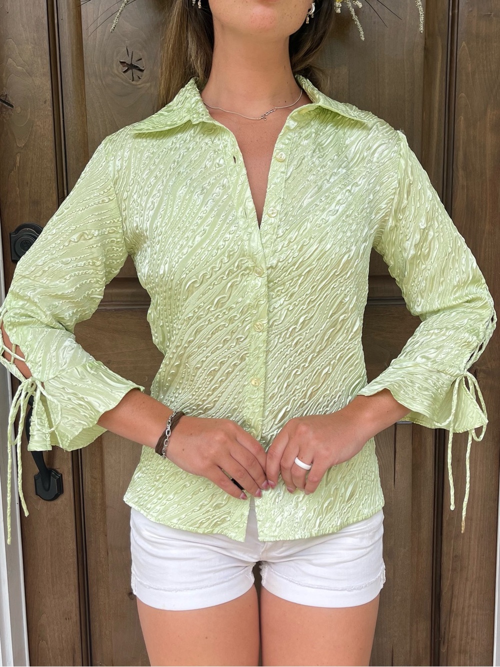 Milano Light Green Textured Button-Down Shirt with Tie Sleeves